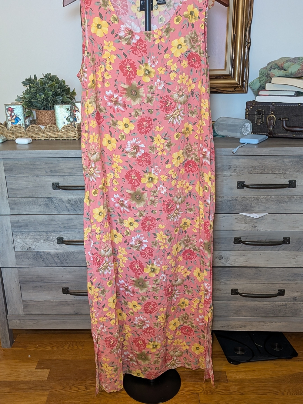 Vintage Erika Floral Rayon Maxi Dress Coral Pink M
